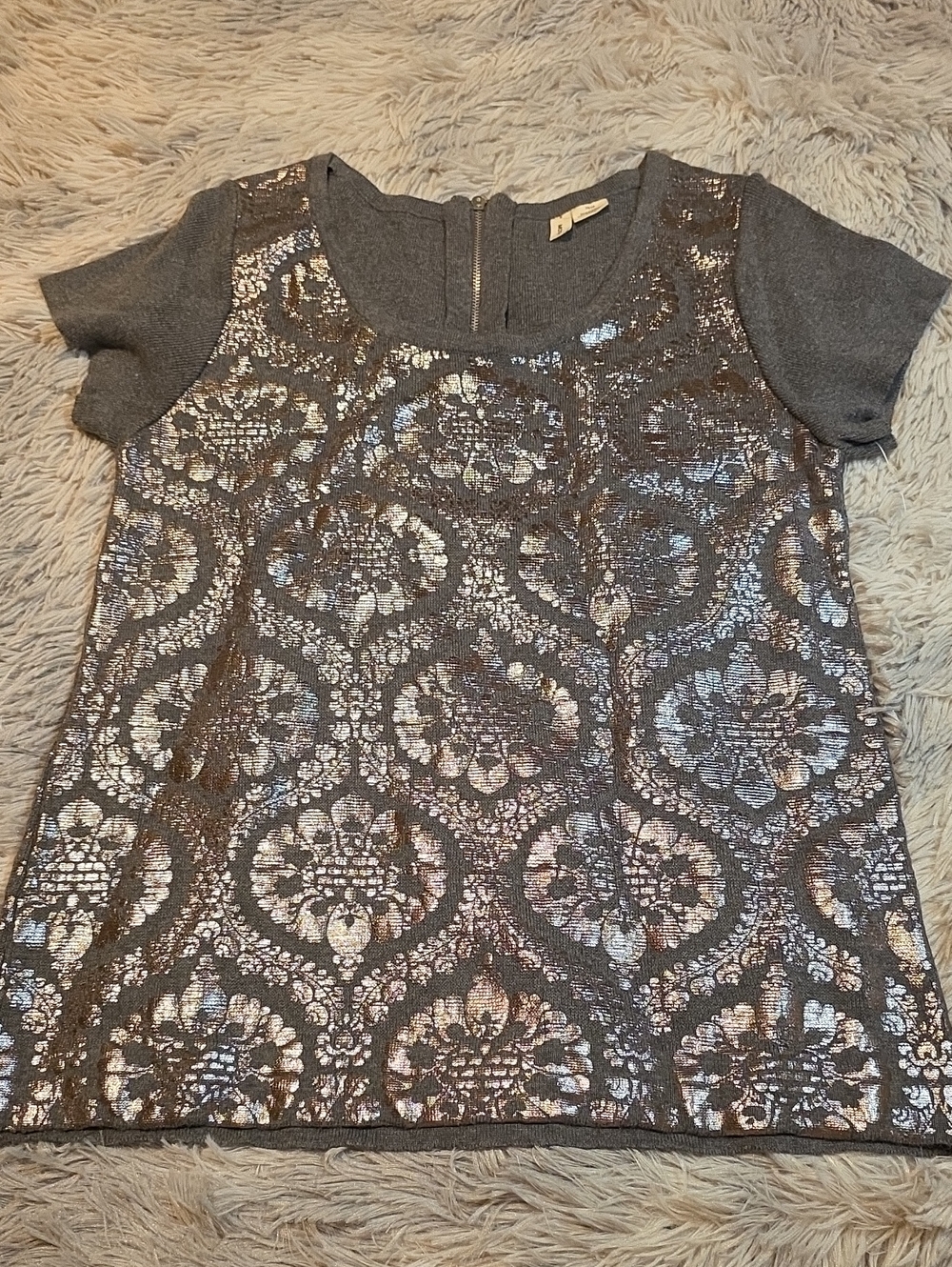 Anthropologie By Moth Gray Short Sleeve Sequin Brocade Tee